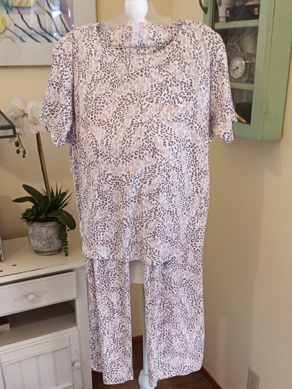 Flora Nikrooz Cream and Brown Leopard Print Pajamas.
